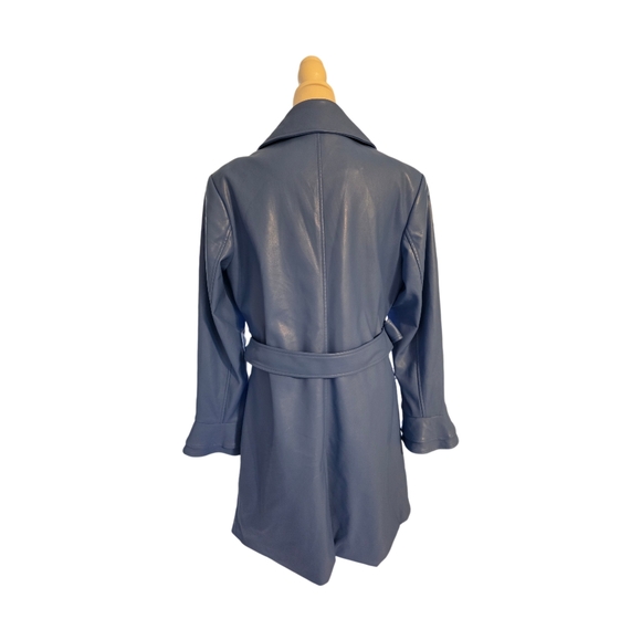 Colleen Lopez Cornflower Blue Faux Leather Coat Ruffle Cuffs Pockets Sz L NEW - Picture 3 of 7